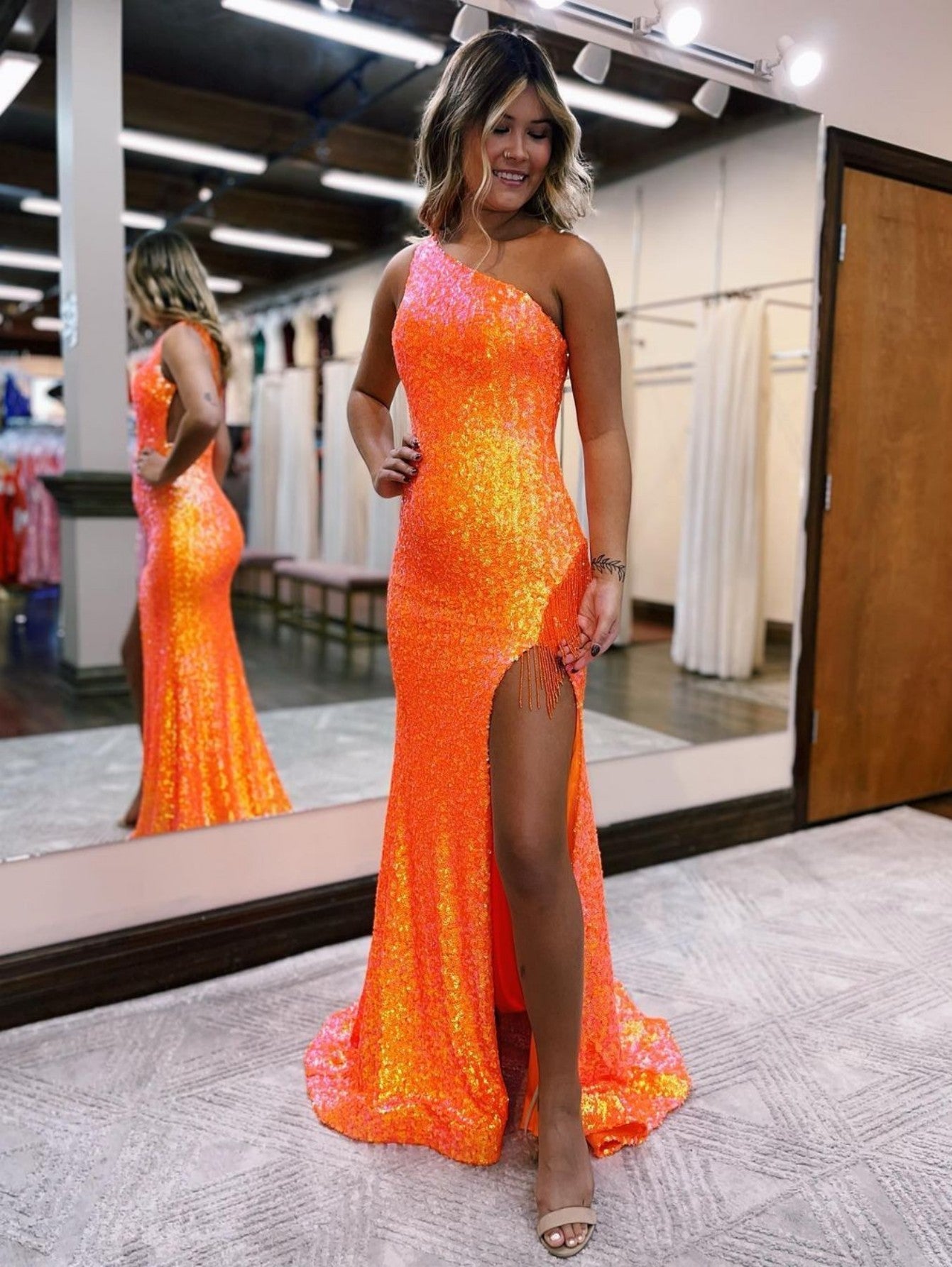 orange sequin dress